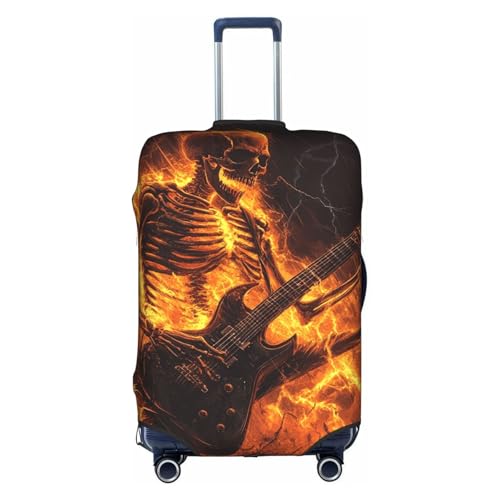Skeleton Playing An Electric Guitar In Fire Travel Luggage Cover Elastic Suitcase Protector Washable Baggage Covers For Trunk Case Fits 25-28 Inch Luggage