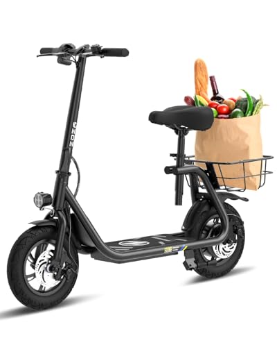 Electric Scooter with Seat ZD06, 800W Peak Motor, 20 Mile Range & 15.5 Mph, Key Start, Foldable E-Scooter with Carry Basket for Pets & Cargo, Electrically-Powered Motor Scooters