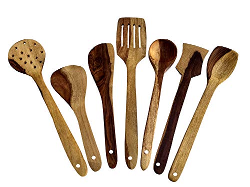 Image of Wooden Cooking and Serving Spoons Non Stick (Set of 7) - Kitchen Tools Utensils SpatulasLadles