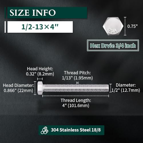Image of 1 /2-13 x 4 Hex Head Bolts Screws, 304 Stainless Steel 18-8, Fully Threaded, Hexagon Head Cap Bolts Screws, Coarse Thread UNC, 5 PCS