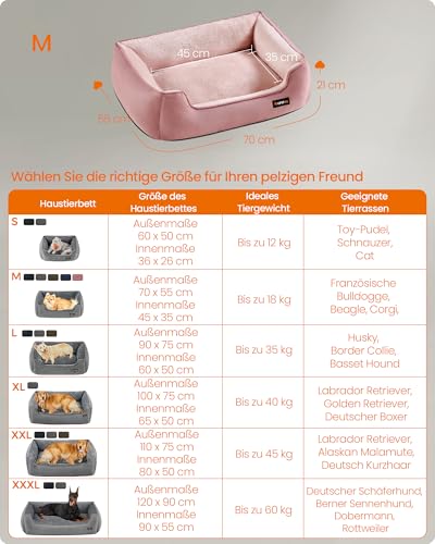 Feandrea Hundebett, Hundekissen in Leinenoptik, Hundekorb, erhöhte Ränder, rutschfeste Unterseite, Bezug abnehmbar waschbar, M, für kleine Hunde, 70 x 55 x 21 cm, pastellrosa PGW010R01