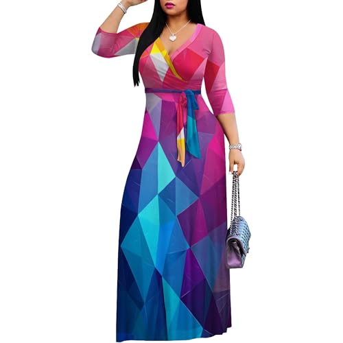 Image of PinkPatty Women's Plus Size Maxi Dresses Casual Flowy 3 /4 Sleeves Dress Printed Vacation Dress for Daily Wear with Belt