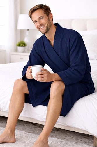 Image of Turkish Linen Men's Waffle Bathrobe Lightweight Kimono Spa Robe - Quick Dry Bath & Shower Robe for Men with Pockets