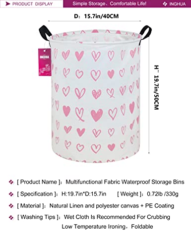 Image of Laundry Hamper Large Canvas Fabric Storage Basket Pink hearts | Organizer Bin Dirty Clothes Collapsible Waterproof for College Dorms, Boys and Girls Bedroom,Bathroom