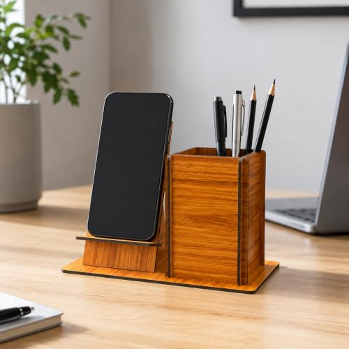 Image of Zesta Wooden Desk Organizer Pen Stand Remote Holder Card Slot | Table Accessory Office Desk Study Room | Pencil Storage Stand Stylish Workspace Decor (Nainteek, Mobile Holder + Pen Holder)