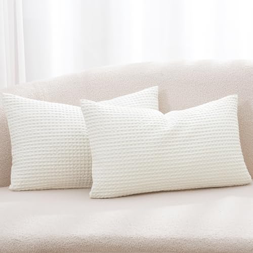 PHF 100% Cotton Waffle Weave Lumbar Pillow Cover 12" x 20", No Filling, 2 Pack Elegant Home Decorative Rectangle Throw Pillow Covers for Bed Couch Sofa, Cream
