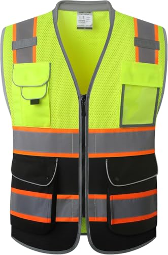 Image of JKSafety 9 Pockets Class 2 Hi-Vis Safety Vest High Visibility Reflecitive Mesh Safety Vests for Men and Women Cushioned Collar Work Utility PPE Work Gear ANSI /ISEA compliant (101-YBlack S)