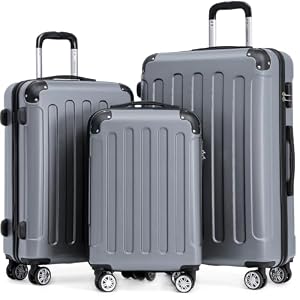 BEIBYE Kofferset 3-teilig – Kabinenkoffer, Reisekoffer Koffer aus ABS mit Doppelrollen und Zahlenschloss, Dark Grey