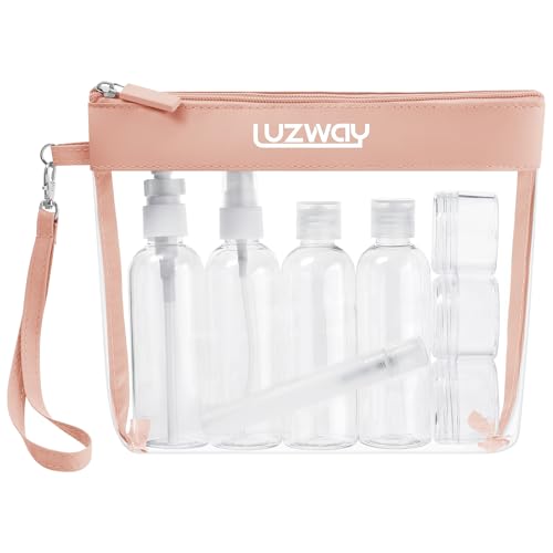 Neceser Transparente, LUZWAY Bolsa de Cosméticos Impermeable, Bolsa de Aseo Claro PVC + 8 Botellas de Viaje (MAX.100ml), Transporte de Líquidos en Avión para Mujer y Hombre (Rosa)
