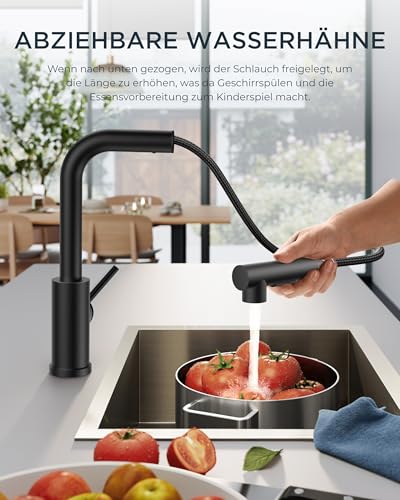 FORIOUS Wasserhahn Küche Schwarz, Küchenarmatur Ausziehbar mit Brause, Spültischarmatur Küche, L-förmiger Edelstahl Mischbatterie Armatur, Zwei Sprühfunktionen, 360° Schwenkbar