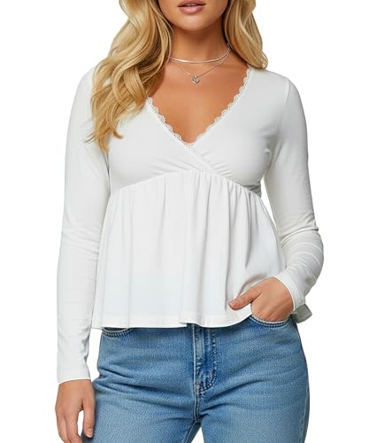 Image of Coloquin Women Long Sleeve Peplum Tops V Neck Lace Trim Babydoll Wrap Top Cute Going Out Tops Blouse White S