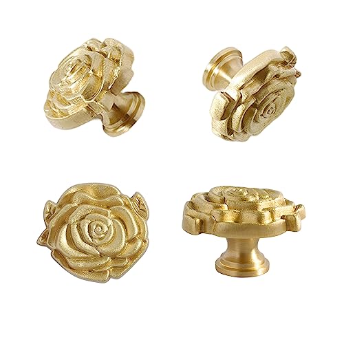 DTSFHTDAL 4PCS Rose Flower Knobs, Brushed Gold Cabinet Knobs Vintage Knob Flower Shape Decorative Brass Hardware Single Hole Handls Pulls for Drawer Dresser Cupboard