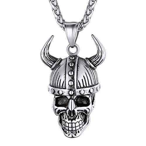 ChainsHouse Skull Necklace for Men, Retro Gothic Punk Jewelry Biker Necklace for Men Women Free Engraving Stainless Steel Dog Tag Pendant Necklace,with Gift Box 06. Odin Helmet-Steel no cust