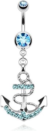 Surgical Steel CZ Crystal Anchor Nautical Dangle Belly Button RIng (Aqua, Clear, Pink)