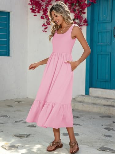 Image of HDLTE Women Summer Dresses 2025 Square Neck Tiered Tank Long Maxi Casual Sundress with Pockets