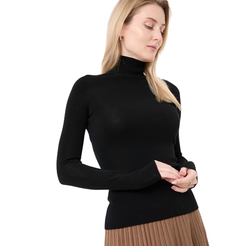 Image of CIVILIZI 100% Extra Fine Merino Wool Women's Turtleneck Pullover 3D Seamless Roll Neck Jumper Knitwear Fine Knit Soft Winter Sweater UK (Black, L)