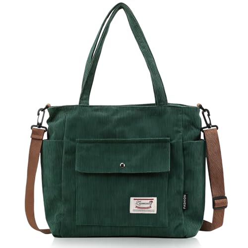 Imagen de CxutSa Bolsos de Pana Grande Mujer Bolsa Hombro Tote Bag con Cremaller Bolsillos Bolsos Universidad para Viaje Trabajo Oficina Escuela