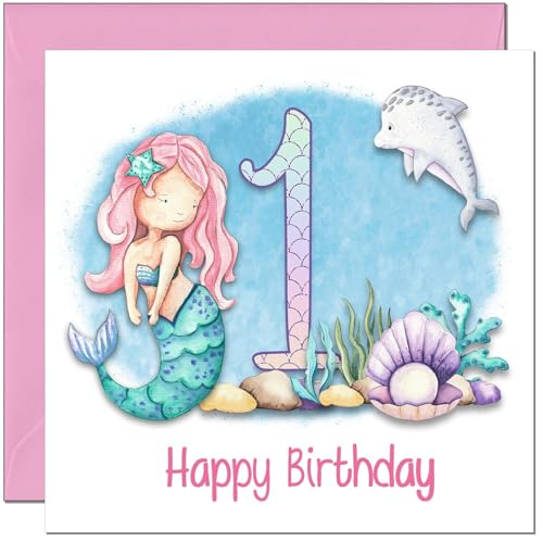 1st Birthday Card for Girls - Mermaid Birthday Card - Cute Birthday Card for 1 Year old Kids Baby One, first