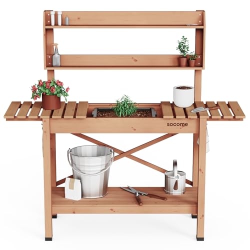 SOCOME Solid Wood Potting Bench, Garden Potting Table with Sliding Tabletop, Outdoor Potting Workstation with Dry Sink, Storage Shelves - Cherry