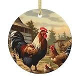 Bauernhof-Druck, Huhn und Hahn, personalisierbar, Keramik, rund, goldfarbene Schnur, personalisierte Urlaubsdekoration für Zuhause, Einzelhandel, Hochzeit