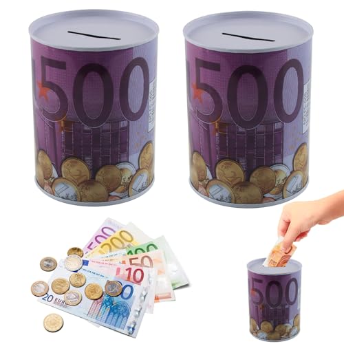 FairyPeach Alcancía de Euros*2pcs, 11x7.5 cm Alcancía de Metal, 100/200 Hucha Euro, Alcancía Que No Puede Abrir, Alcancía Billetes de Euro, Caja Ahorro Dinero Euro Grande, Regalo Creativo (500+500)