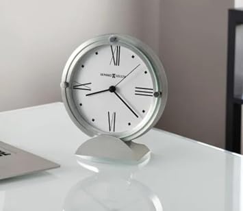 Howard Miller Simon II Tabletop Clock Brushed Aluminum Finish, White Dial, Roman Numerals, Flat Glass Crystal, Interior Light