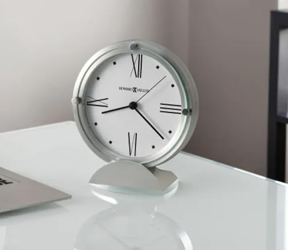 Howard Miller Simon II Tabletop Clock Brushed Aluminum Finish, White Dial, Roman Numerals, Flat Glass Crystal, Interior Light