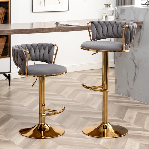Canxkun Gold Bar Stools Set of 2, Counter Height Bar Stools with Low Back, Velvet Adjustable Height Barstools, 360° Swivel Bar Stools for Kitchen Island, Pub (Grey)