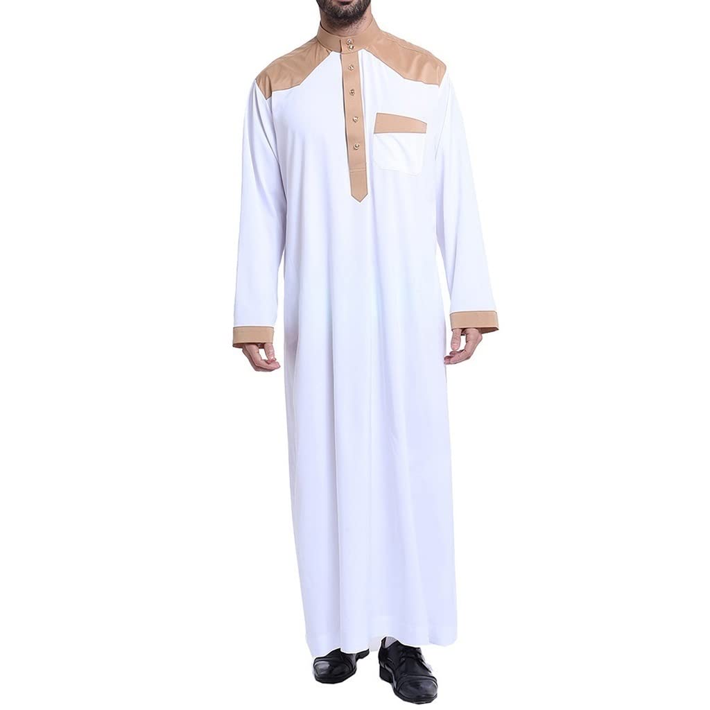 Długi Rękaw Thobe Kaftan dla Mężczyzn Muzułmanin Robe Sukienka Arab Suknia Koszule Dubaj Top Bliski Wschód Odzież Saudi Modlitwa Odzież (Color : White, Size : M)