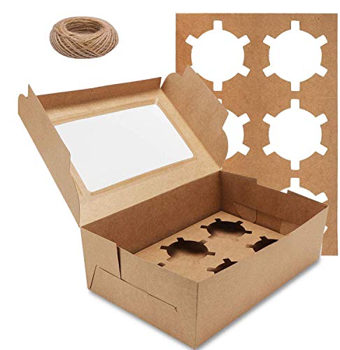 YunKo 15 Pack Bakery Cupcake Boxes with Inserts Bakery Boxes with Window Hold 6 Cupcakes for Party Birthday Guestsï¼ˆBrownï¼‰