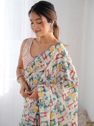 Image of Panzora Women's Chinon Printed Saree With Unstitched Blouse Piece