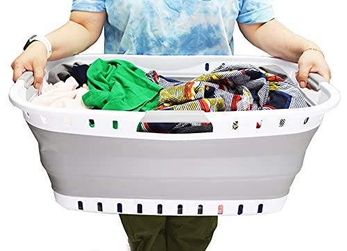Sammart 44L Collapsible Plastic Laundry Basket - Foldable Pop Up Storage Container/Organizer - Portable Washing Tub - Space Saving Hamper/Basket (1, White/Grey), Size: 25.4 X 17.3 X 10.2 Inches #TOP4