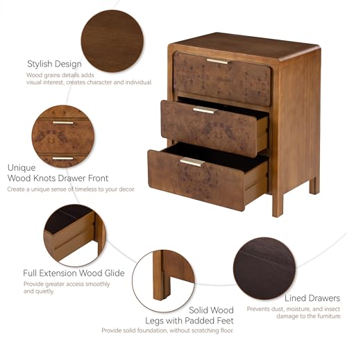 COZAYH Farmhouse Nightstand with 3 Drawer, Distressed Wood Rustic Accent Dresser, Burl Finish Bedside Table for Bedroom, Entryway, Fully Assembled, Brown