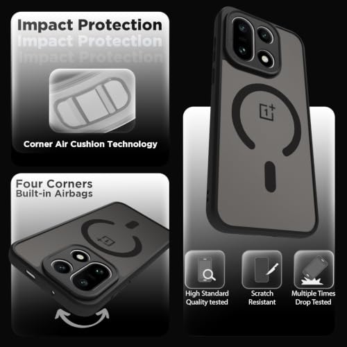 Image of RIGGEAR Shockproof Sleek Hybrid Armor Upgraded C-Shaped Magnetic Back Cover Case Compatible with MagSafe Accessories for OnePlus 15 (Smoke Black Matte PC + Black TPU Bumper)