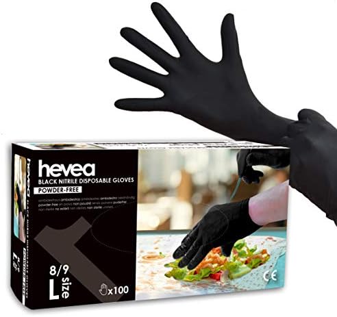 Hevea - Disposable nitrile gloves. Powder- and latex-free. Pack of 5 boxes with 100 gloves each. Size: L (Large). Colour: Black