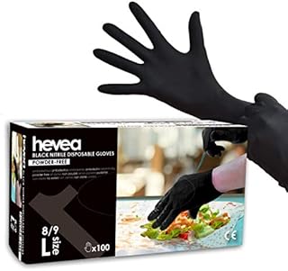 Hevea - Disposable nitrile gloves. Powder- and latex-free. Pack of 5 boxes with 100 gloves each. Size: L (Large). Colour: Black