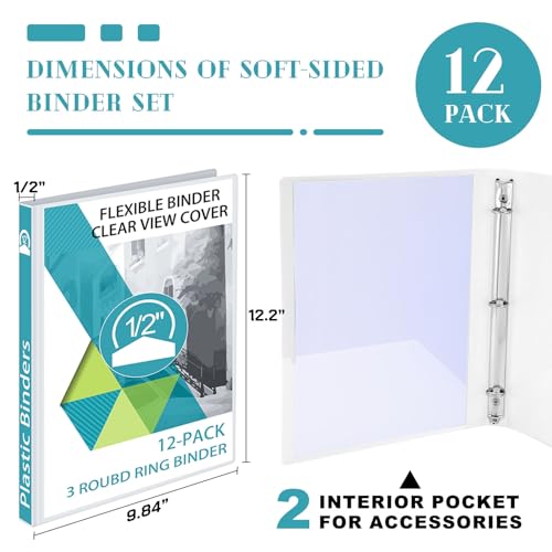 Fulmoon 12 Pcs Economy View 3 Ring Plastic Binder 12.2 x 9.8 Inch Plastic Round Ring Binders with Pockets Notebinder for Meetings for Home, Office, School(White, 1/2 Inch) - Image 2
