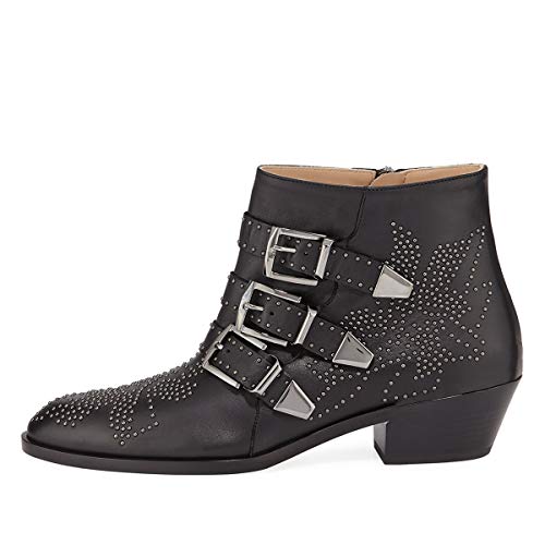 YDN Fashion Straps with Buckle Rivets Studded Flower Pattern Boots Pointed Toe Low Chunky Heels Ankle Zipper Closure Booties for Women Winter Size 4-15 US4