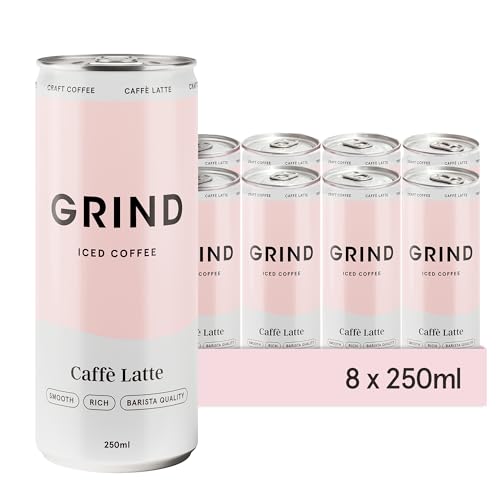 Image of Grind Caffè Latte Iced Coffee Cans – 8x 250 ml – Ready To Drink – 100% Arabica Coffee – Low Calorie – Perfect for Summer Iced Drinks