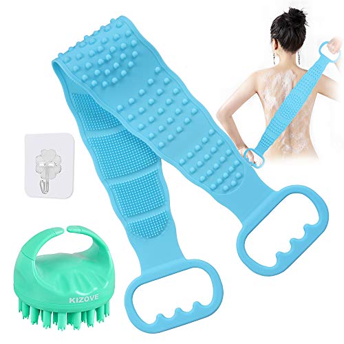 Silicone Back Scrubber，Exfoliating Long Double Side Silicone Body Back Brush with Hair Scalp Massager，Spa Massage Skin Care Tool，Body Scrubber With Handle Long Lasting and Easy to Clean