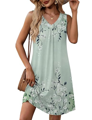 Image of Zeagoo Summer Dresses for Women 2026 Sleeveless Dress V Neck Tank Dress Pleated Floral Tshirt Sundresses with Pockets