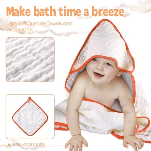 Image of MUKIN Baby Hooded Towels and Washcloths - Soft Absorbent Cotton Baby Bath Towel and Wash Cloth for Newborn Infant Boys /Girls. | Toddler Towel Pack with Hood. (Orange)