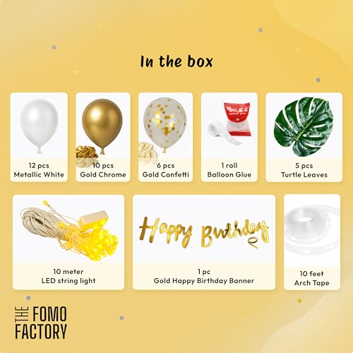 Image of The FOMO Factory Happy Birthday Decoration Kit with Balloons, LED String Lights, Gold Banner, Confetti Balloons & Leaves | Birthday Party Decoration Combo for Home, Wall & Room Decor (GLED)