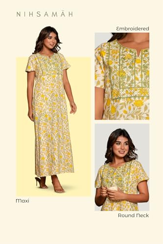 Image of NIHSAMAH Cotton Nighty for Women - Printed Stylish Night Gown, Comfortable Sleepwear Long Nightwear, Maxi