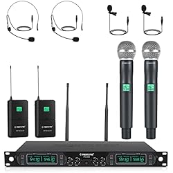 Pheny Pro Sistema de microfonía inalámbrica UHF de 4 Canales, frecuencia Fija Micrófonos de Mano/de Bolsillo/de Diadema/de Solapa para Iglesia, Karaoke, Vocal, DJ (PTU-5000B)