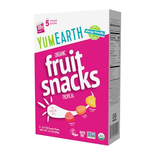 YumEarth Organic Assorted Tropical Flavor Fruit Snacks - Allergy Friendly (Top 9 Free), No Artificial Dyes, Non GMO, Gluten Free, Vegan Candy Snacks - 0.7 Ounce (Pack of 5)