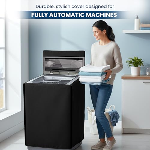 Image of Robustt Top Load Fully Automatic Washing Machine Cover for 8 Kg, 8.5 Kg, 9 Kg, 9.5 (Black) | Waterproof & Dustproof Polyester Fabric with Zipper | Protection Cover | 63 x 63 x 93 cms