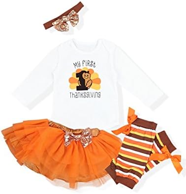 My First Thanksgiving Baby Girl Outfits Letter Romper Bodysuit Orange Skirt with Headband Clothes Set 6-9 Months