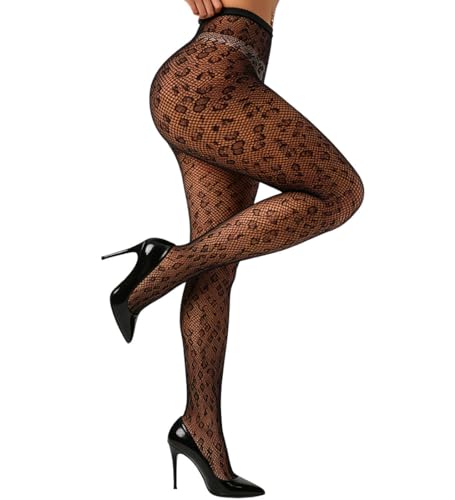 Image of Women Sexy High Waist Fishnet Tights, Sheer Leopard Print Pantyhose