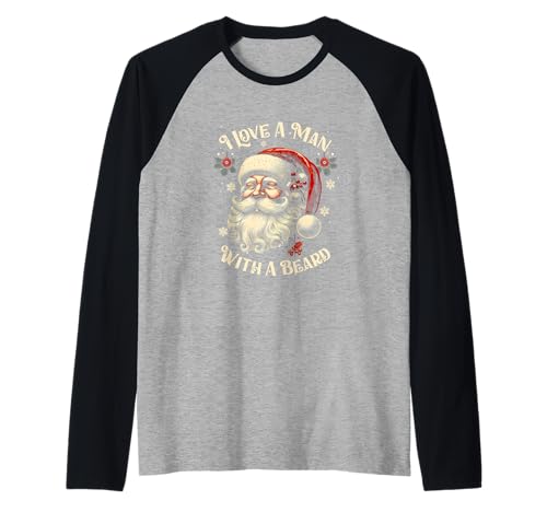 Retro Santa Claus Navidad I Love A Man With A Beard Xmas Camiseta Manga Raglan